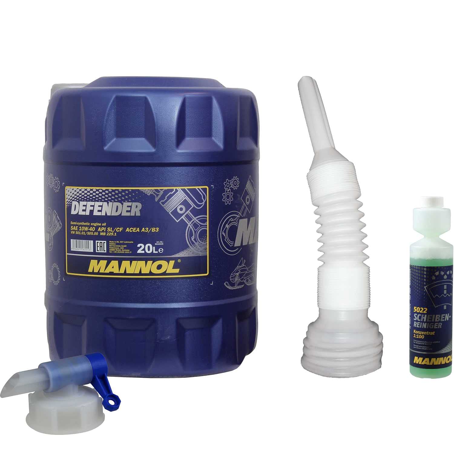 QR-Parts Set 20 Liter 85451608 CT4503 DIN61 5022 MN7507-20 MANNOL Scheibenreiniger Konzentrant 1:100 250ml Original Defender 10W-40 API SL/CF Motorenöl Auslaufhahn von Diederichs