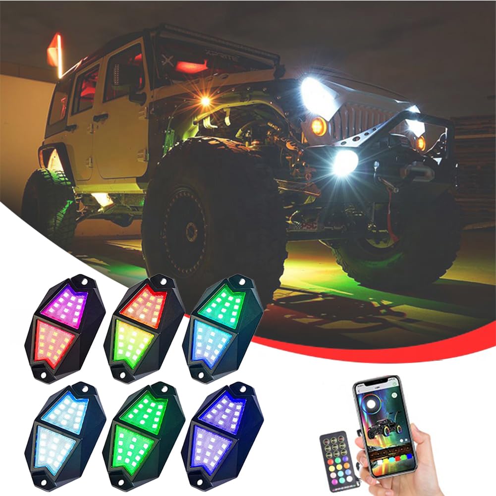 Auto RGB LED Rock Lights/Chasing,18 Stück superhell LED-Chip 210° Ultra-Weitwinkel-Licht,Flash/Strobe/Jump/Fade/Musik-Modi,Underglow Licht für ATV RZR UTV SUV Off Road Auto Motorrad (6pods) von Difference U