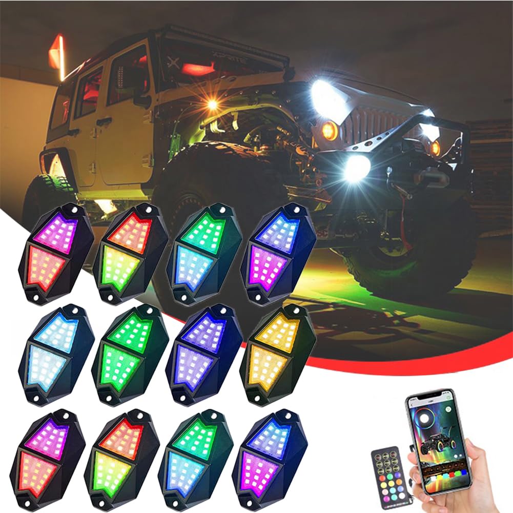 Auto RGB LED Rock Lights/Chasing,18 Stück superhell LED-Chip 210° Ultra-Weitwinkel-Licht,Flash/Strobe/Jump/Fade/Musik-Modi,Underglow Licht für ATV RZR UTV SUV Off Road Auto Motorrad (12pods) von Difference U