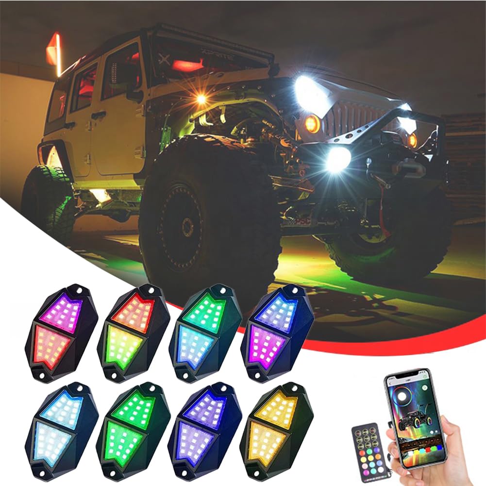 Auto RGB LED Rock Lights/Chasing,18 Stück superhell LED-Chip 210° Ultra-Weitwinkel-Licht,Flash/Strobe/Jump/Fade/Musik-Modi,Underglow Licht für ATV RZR UTV SUV Off Road Auto Motorrad (8pods) von Difference U