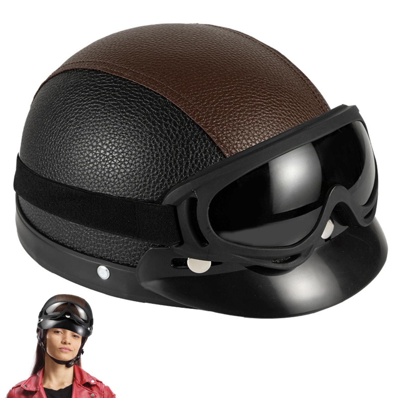Dimweca Halbhelme Motorradhelm, Retro Fahrradhelme mit Brille, Verstellbarer Kopfumfang Design Scooter Helm Jet Helm, Halbschalenhelm für Erwachsene Herren Damen von Dimweca