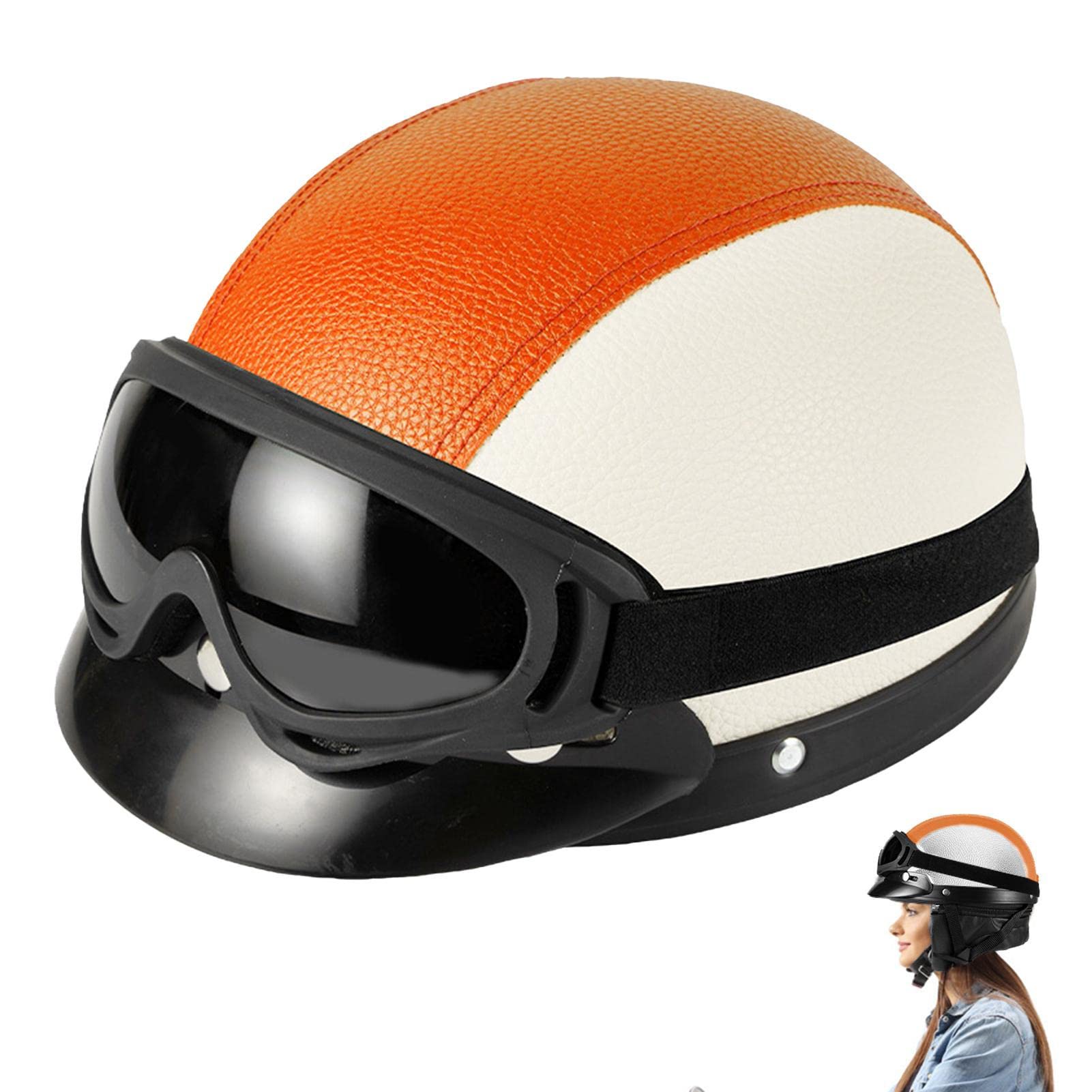 Halbhelme Motorradhelm, Retro Fahrradhelme mit Brille, Verstellbarer Kopfumfang Design Scooter Helm Jet Helm, Halbschalenhelm für Erwachsene Herren Damen von Dimweca