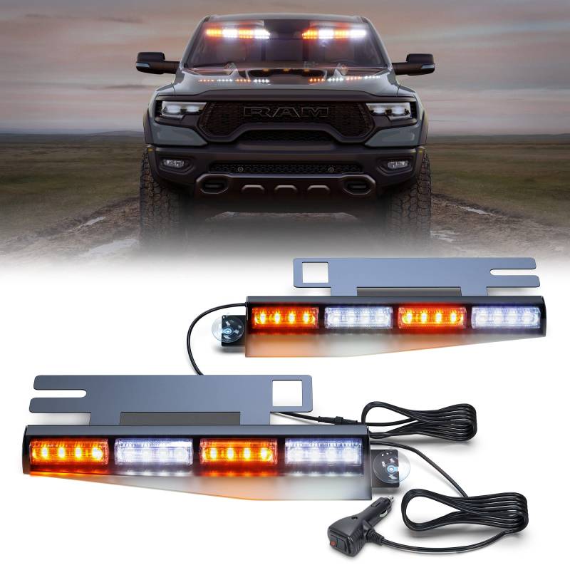 Dinfu 2 Stück 48cm Blinken LED Warnleuchte Orange + weißes Leuchtfeuer, 26 modes stroboskop Sicherheits warnleuchten mit 32 LEDs für Baufahrzeuge, LKW Truck Traktor Dach oben von Dinfu