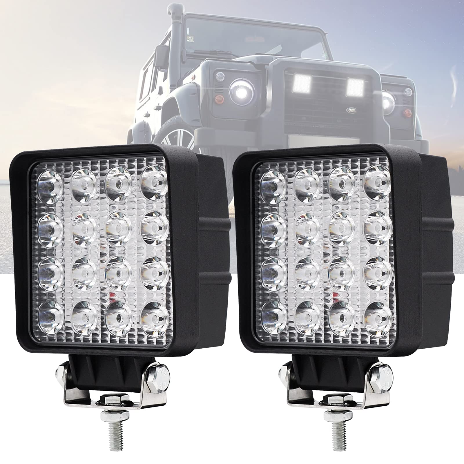 led Arbeitsscheinwerfer,2pcs led Scheinwerfer 12V 48W 4800LM LED strahler 6000K IP67 Spot & Flood Quadrat Zusatzscheinwerfer Traktor Fernlicht für LKW J-eep ATV UTV SUV KFZ 4x4 Gabelstaplerlicht von Dinfu