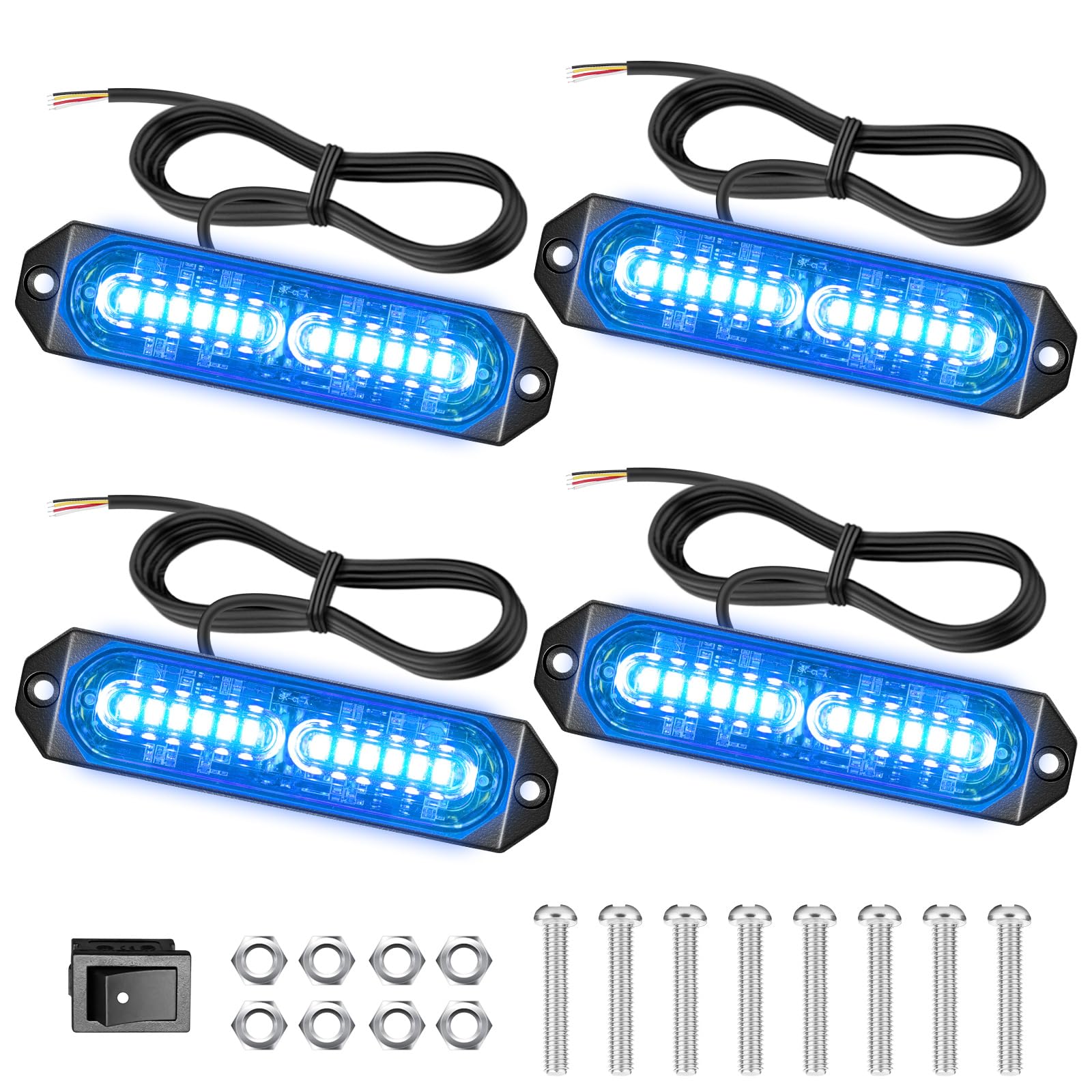 Dinfu 4 x 12 Led frontblitzer Blaulicht,12v/24v led blitzer Blau 48W LED Warnleuchte mit 22 Blinkende Stroboskop-Modi IP67 Blitzleuchte Lichtleiste für Auto Pkw Truck Traktor KFZ LKW von Dinfu