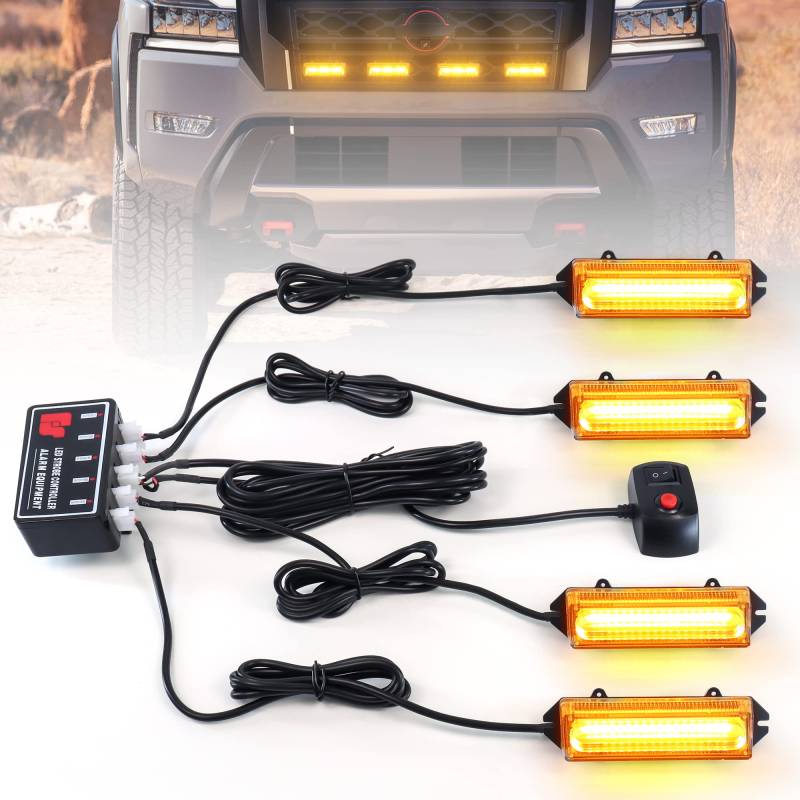 Dinfu 4 x led warnlicht frontblitzer，40W COB LED Warnleuchte Orange Blitzleuchte Rundumleuchte Auto Lichtleiste mit 18 Blinkende Stroboskop-Modi für Auto Pkw Truck Traktor KFZ LKW von Dinfu