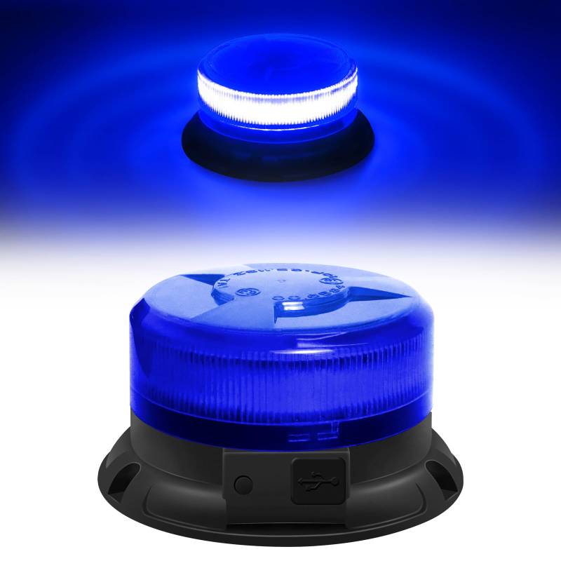 Dinfu Blaulicht Auto, Blau LED Rundumleuchte Akku Auto Blitzleuchten Magnetfuß LED Rundumleuchte Blinkleuchte 12v Warnleuchte mit 9 modes für Auto Pkw LKW UTV von Dinfu