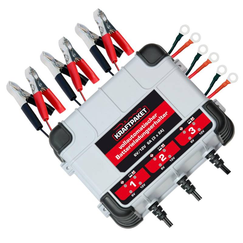 Dino KRAFTPAKET 3x2A-6V/12V Erhaltungsladegerät/2A je Output/Intelligentes und vollautomatisches Ladungserhaltungsgerät/Für Blei-Säure, GEL, EFB, AGM-Batterie/KFZ-Batterie-Ladegerät für Auto Motorrad von Dino KRAFTPAKET