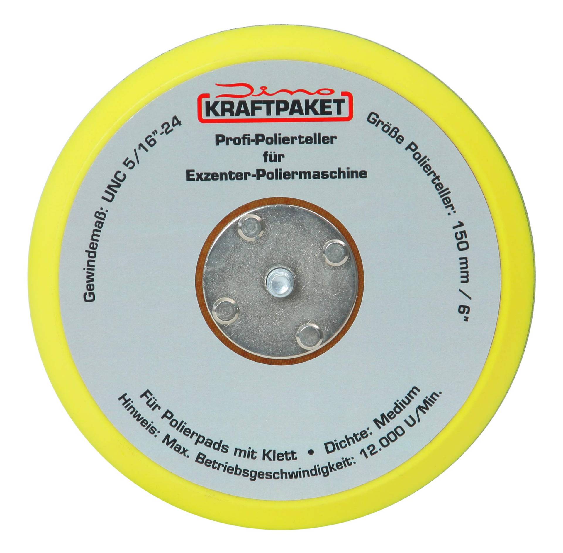 Dino KRAFTPAKET 640223 150mm-Stützteller-5/16-24 mit Klett Polierteller für Exzenter Poliermaschine 600W-8mm, 650W-9mm Hub, Gelb von Dino KRAFTPAKET