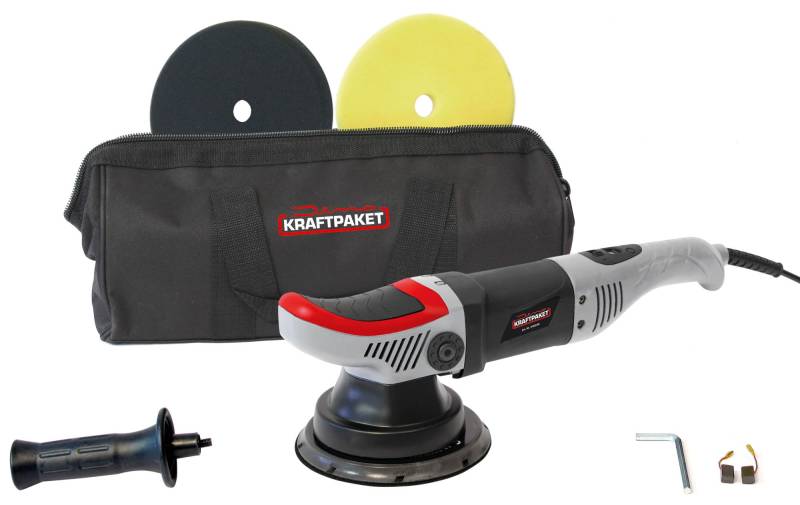 Dino KRAFTPAKET 640247 8mm-710W Exzenter Poliermaschine mit ZWANGSROTATION Stufenlos im Set mit 125mmPolierschwamm 125mm Polierteller Tasche für Auto KFZ Boot, Grau von Dino KRAFTPAKET