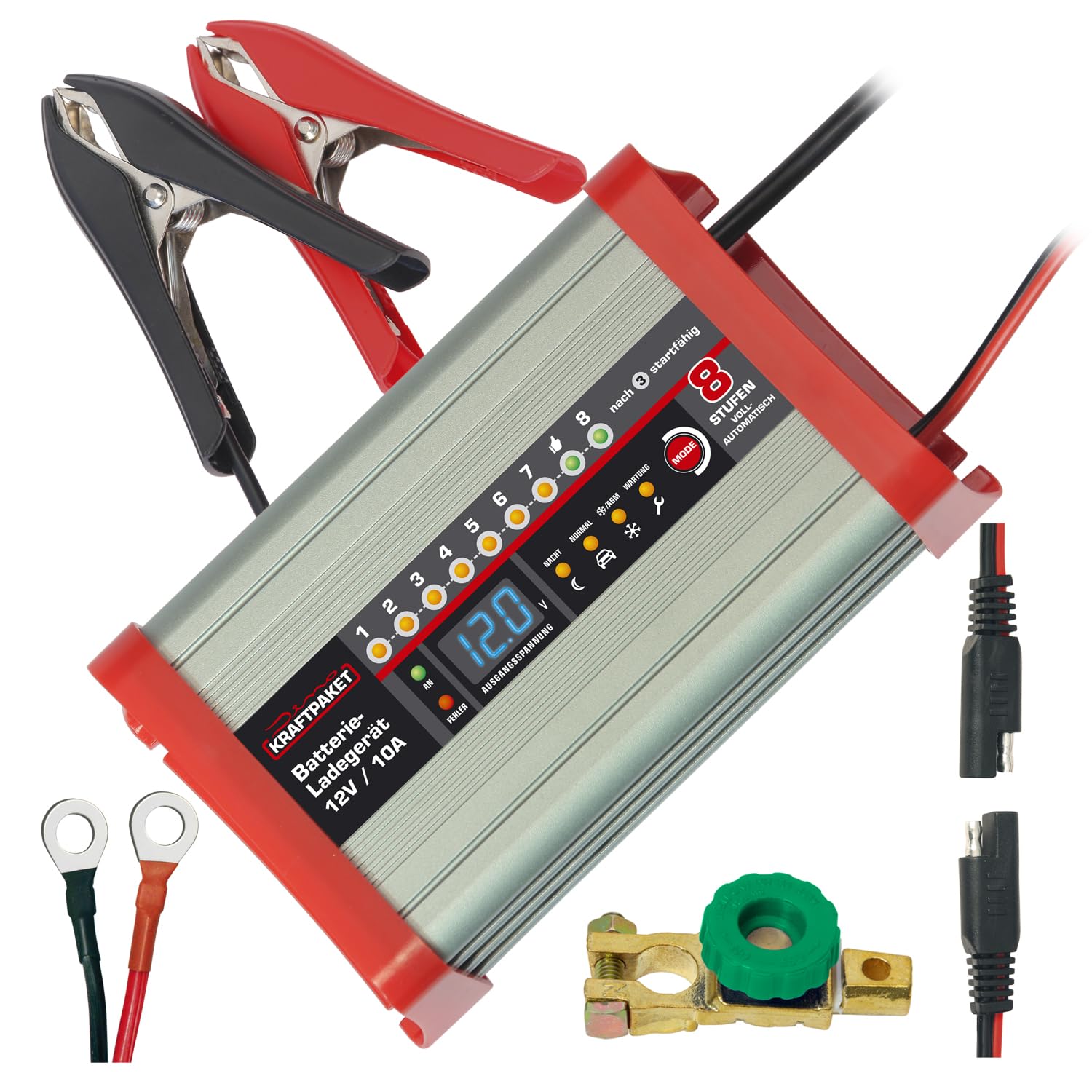 Bundle aus Dino KRAFTPAKET, 10A-12V intelligentes und automatisches Batterieladegerät (Für Blei-Säure, Gel, EFB, AGM-Batterie) und Batterie Trennschalter, Für Wohnmobil, Campervan, Wohnwagen, Auto von Dino KRAFTPAKET