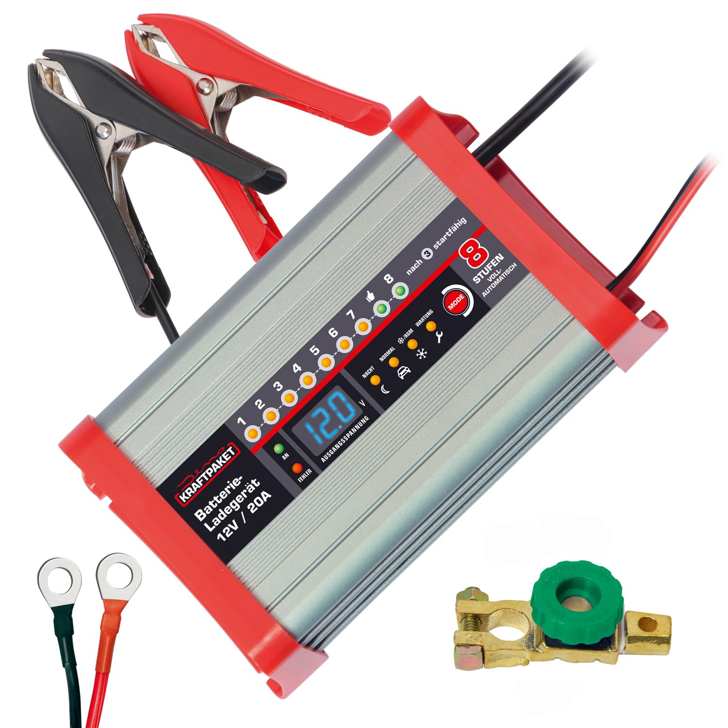 INTELLIGENTES 12V-20A KFZ-Batterieladegerät mit Erhaltungsladung und Desulfator für alle gängigen Batterietypen (EFB, Blei-Säure,Wet, MF,Gel & AGM). FÜR: Auto, Transporter, Wohnnmobil, Campervan von Dino KRAFTPAKET