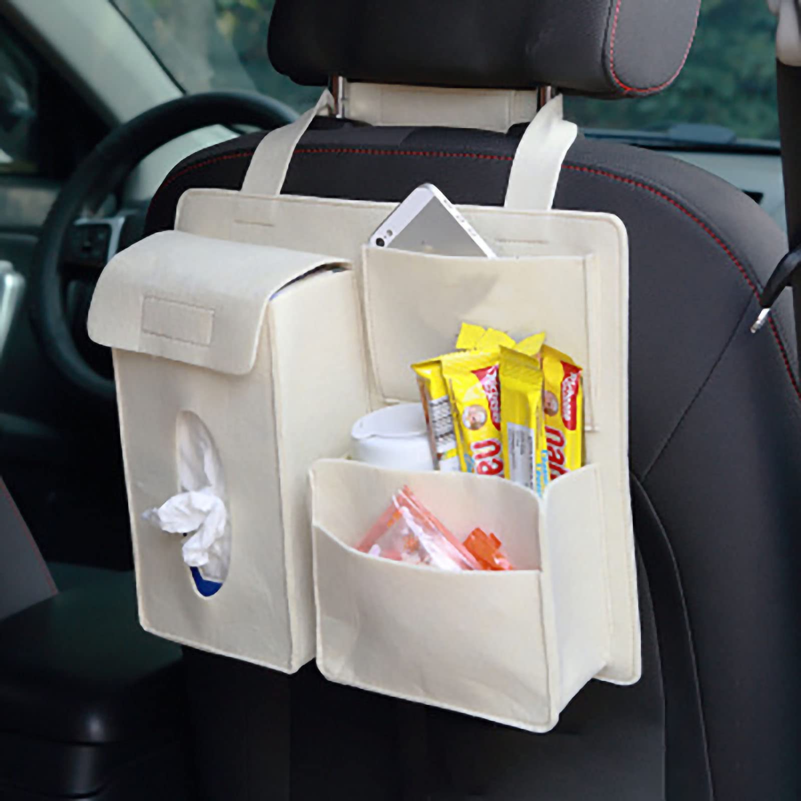 Auto-Aufbewahrungs-Organizer, Pkw-Sitz-Caddy-Organizer für Bürobedarf, Snacks und Spielzeug, Vorder- oder Rücksitz-Organizer Zum Aufhängen, Tragetasche mit Großen Taschen (Beige) von Dioche