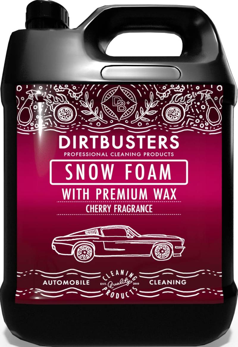 Dirtbusters Snow Foam Shampoo, Reinigungsschaum - professioneller Autopflegereiniger - sicher, ungiftig, mit Hochglanzwachs und Süßkirschduft - für die professionelle Autowäsche - 5 Liter (1) von Dirtbusters