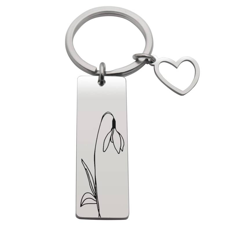 Djhteng Geburtsblumen-Schlüsselanhänger, handgestempelte Blume mit Herz-Anhänger, Schlüsselanhänger, personalisierter Schmuck, Geburtstagsgeschenk für sie, Januar-Schneeglöckchen Schlüsselanhänger von Djhteng