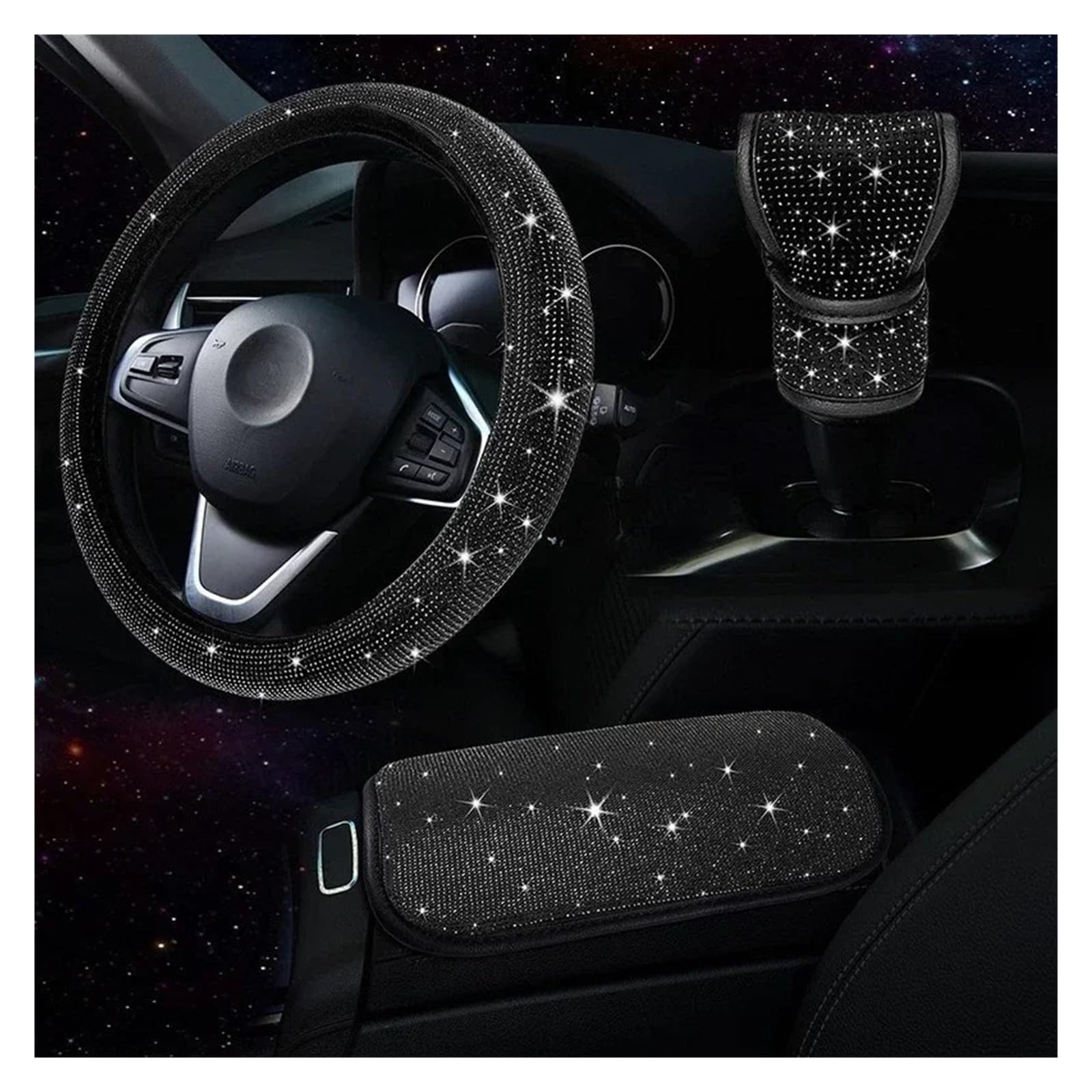 Auto Lenkradbezug 3Pcs Strass Lenkrad Abdeckung Schalthebel Abdeckung Armlehne Matte Pad Bling Auto Decortion Styling Auto Zubehör Set Auto Lenkradschutz(Black) von Dnhqknog