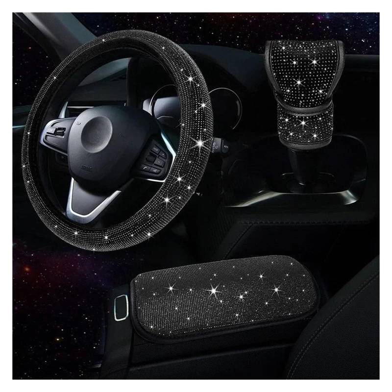 Auto Lenkradbezug 3Pcs Strass Lenkrad Abdeckung Schalthebel Abdeckung Armlehne Matte Pad Bling Auto Decortion Styling Auto Zubehör Set Auto Lenkradschutz(Black) von Dnhqknog