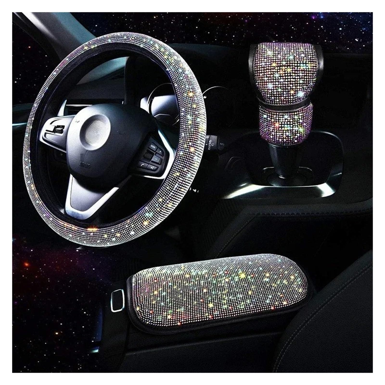 Auto Lenkradbezug 3Pcs Strass Lenkrad Abdeckung Schalthebel Abdeckung Armlehne Matte Pad Bling Auto Decortion Styling Auto Zubehör Set Auto Lenkradschutz(Color) von Dnhqknog
