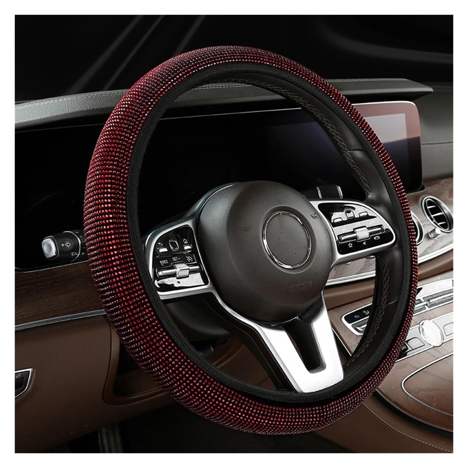 Auto Lenkradbezug Bling Bling Diamant Strass Kristall Auto Lenkrad Abdeckung PU Leder Auto Zubehör Fall Auto Styling Auto Lenkradschutz(Red) von Dnhqknog