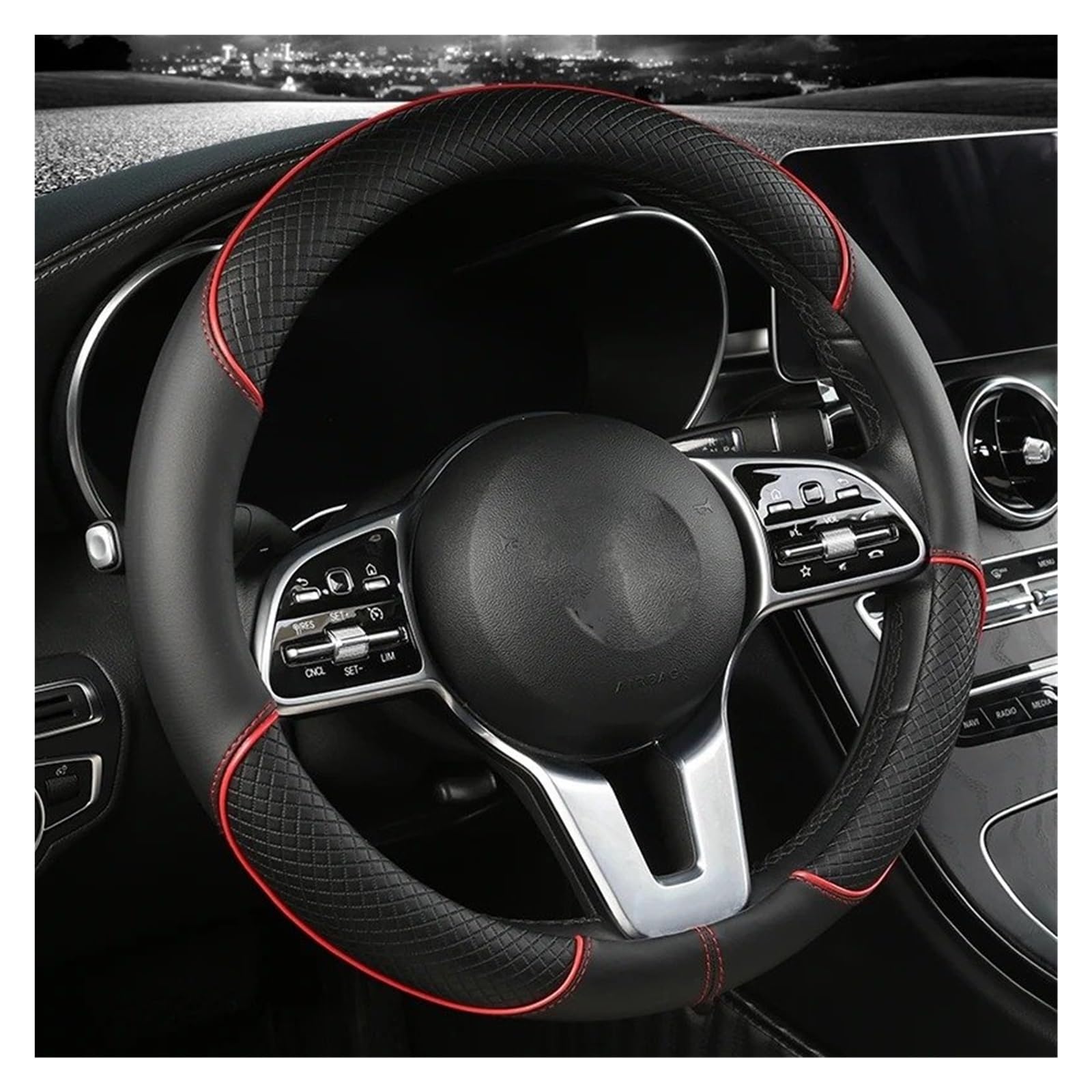 Auto Lenkradbezug Für 14,5-15 Zoll robuste Lederabdeckung Anti-Rutsch-Venen-Design All-Season-Leder-Diamant-Lenkradabdeckung universelle Passform Auto Lenkradschutz(Blue Circular) von Dnhqknog