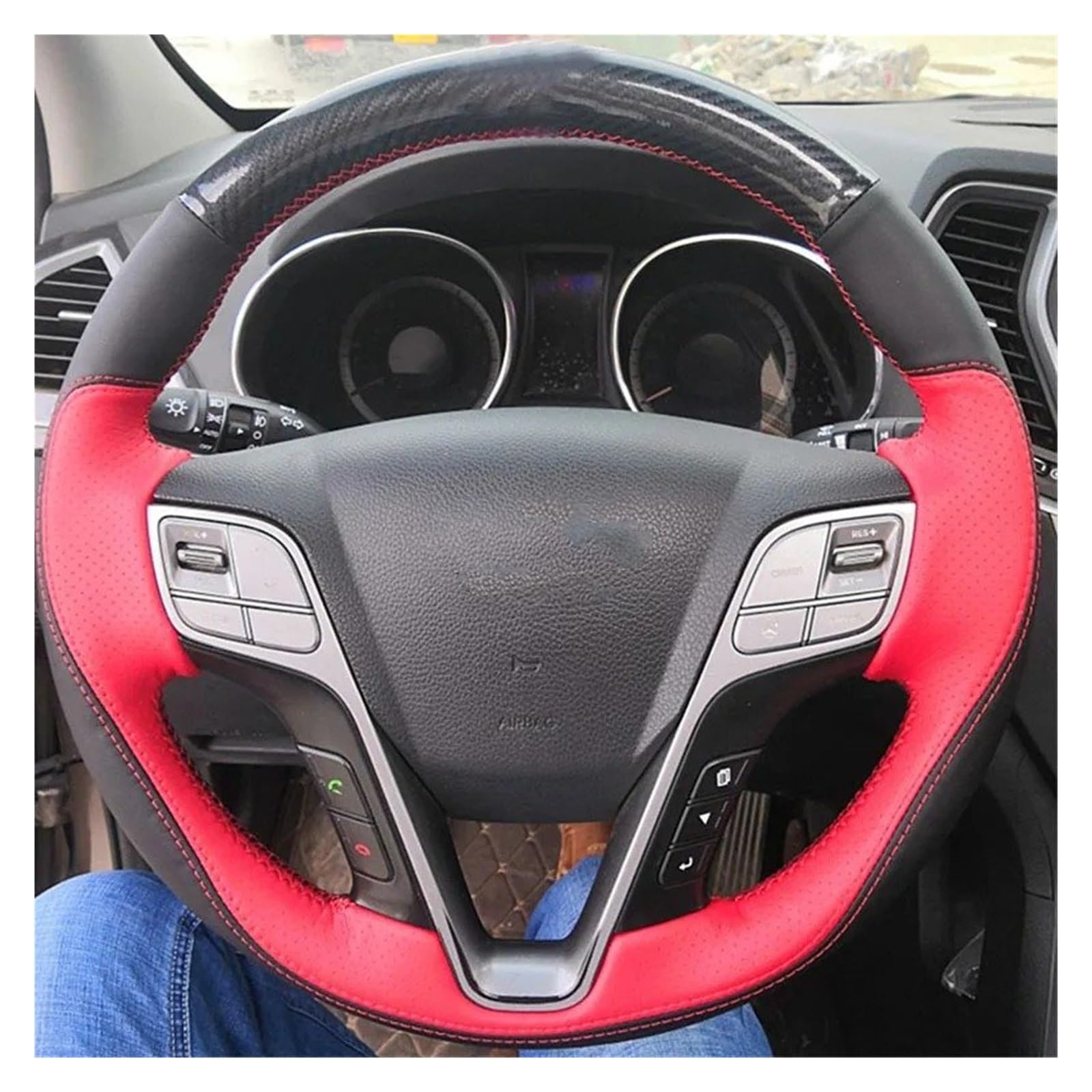 Auto Lenkradbezug Für Hyundai Für Santa Fe Ix45 2013-2015 Handgenähte rutschfeste Echtleder-Sportstil-Autolenkradabdeckung Auto Lenkradschutz(Style 2) von Dnhqknog