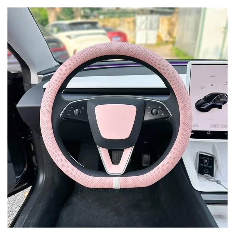 Auto Lenkradbezug Für Tesla Für Modell 3 Y Highland PU Leder Lenkrad Abdeckung Anti Slip Lenkung Ersatz Schützen Abdeckung Zubehör Auto Lenkradschutz(PINK) von Dnhqknog