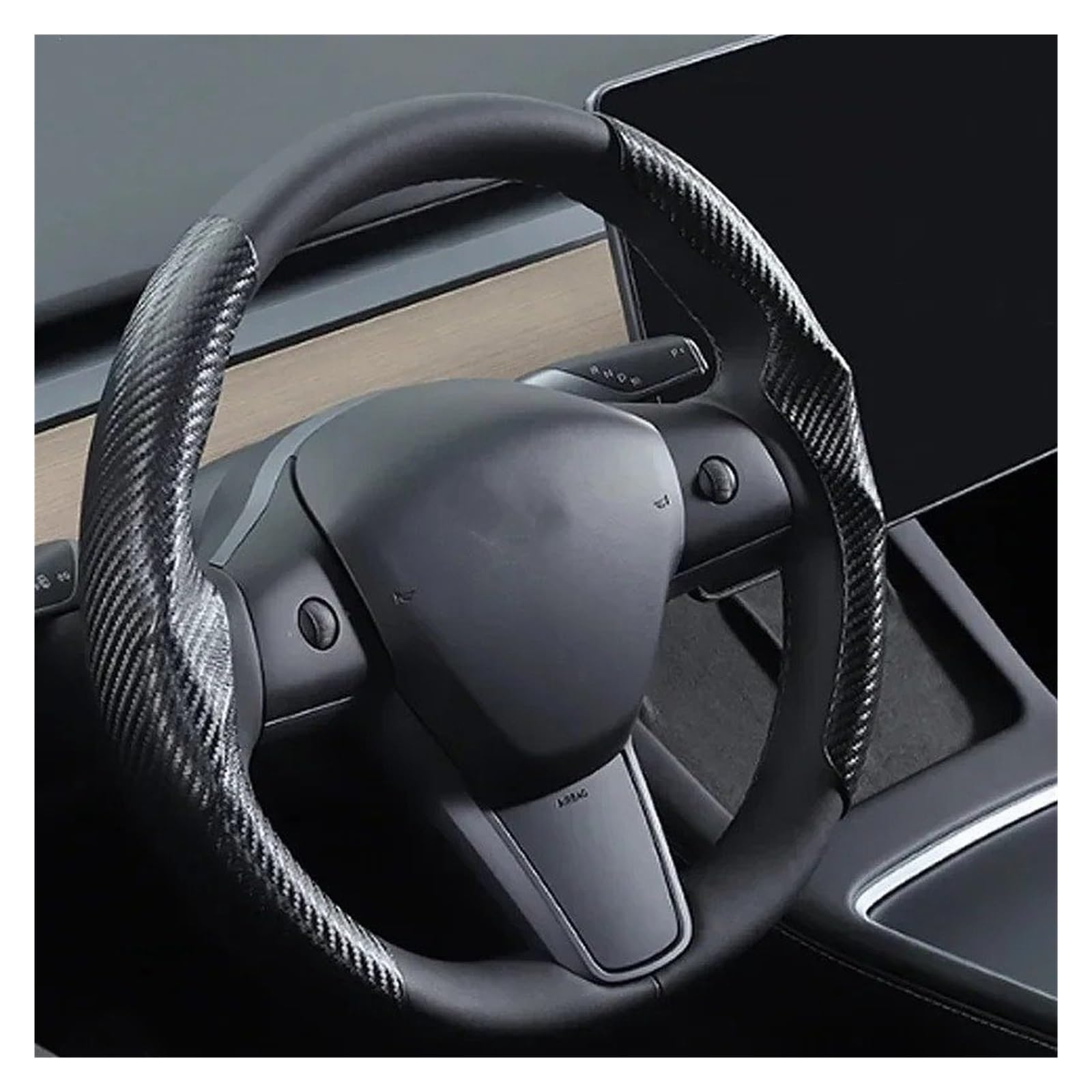 Auto Lenkradbezug Für Tesla Für Modell 3 Y Lenkrad Abdeckung Carbon Faser Wildleder 38 cm Lenkrad Abdeckung Nette Innen Zubehör Auto Lenkradschutz(Carbon Fiber-Black) von Dnhqknog