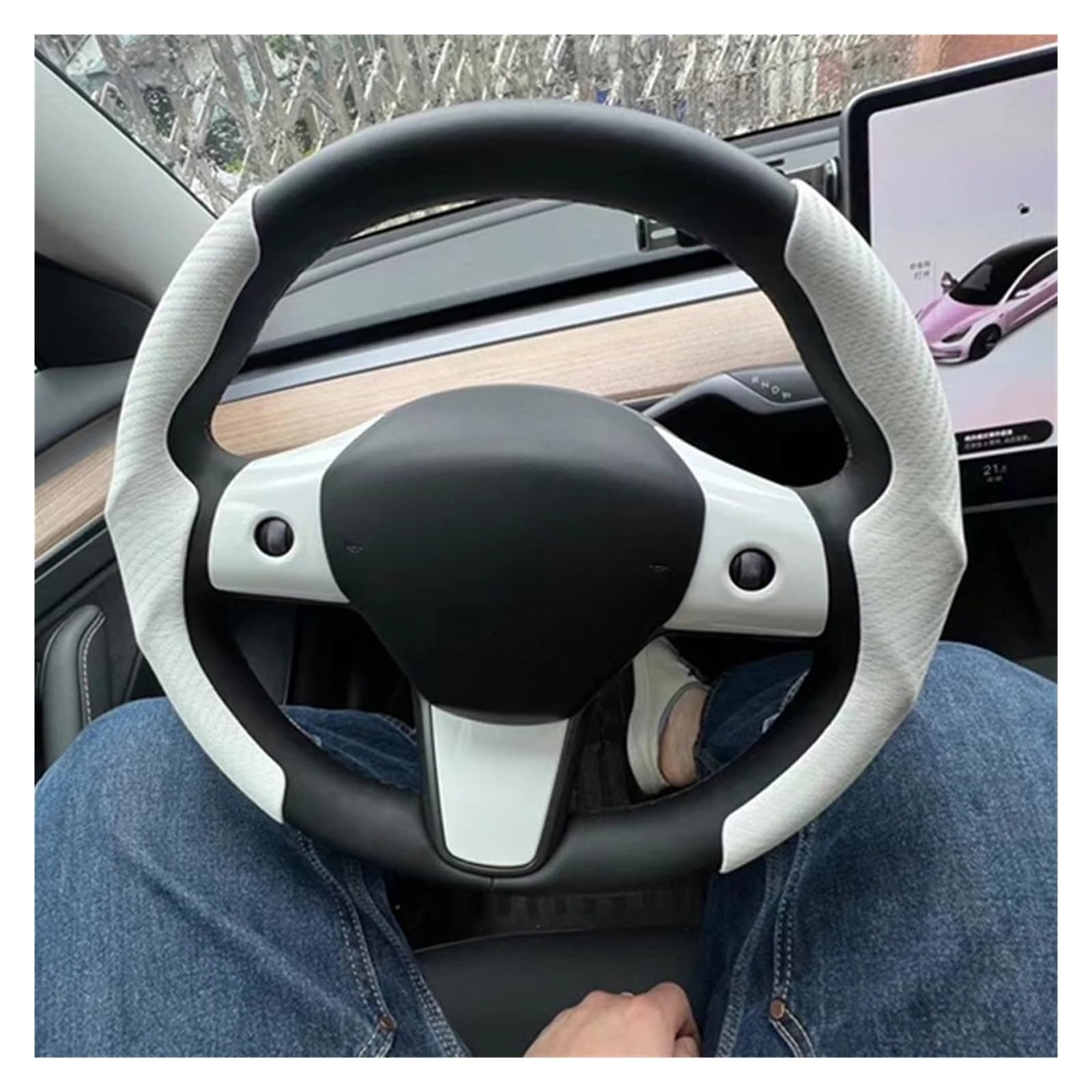 Auto Lenkradbezug Für Tesla Für Modell 3 Y Lenkrad Abdeckung Carbon Faser Wildleder 38 cm Lenkrad Abdeckung Nette Innen Zubehör Auto Lenkradschutz(Carbon Fiber-White) von Dnhqknog