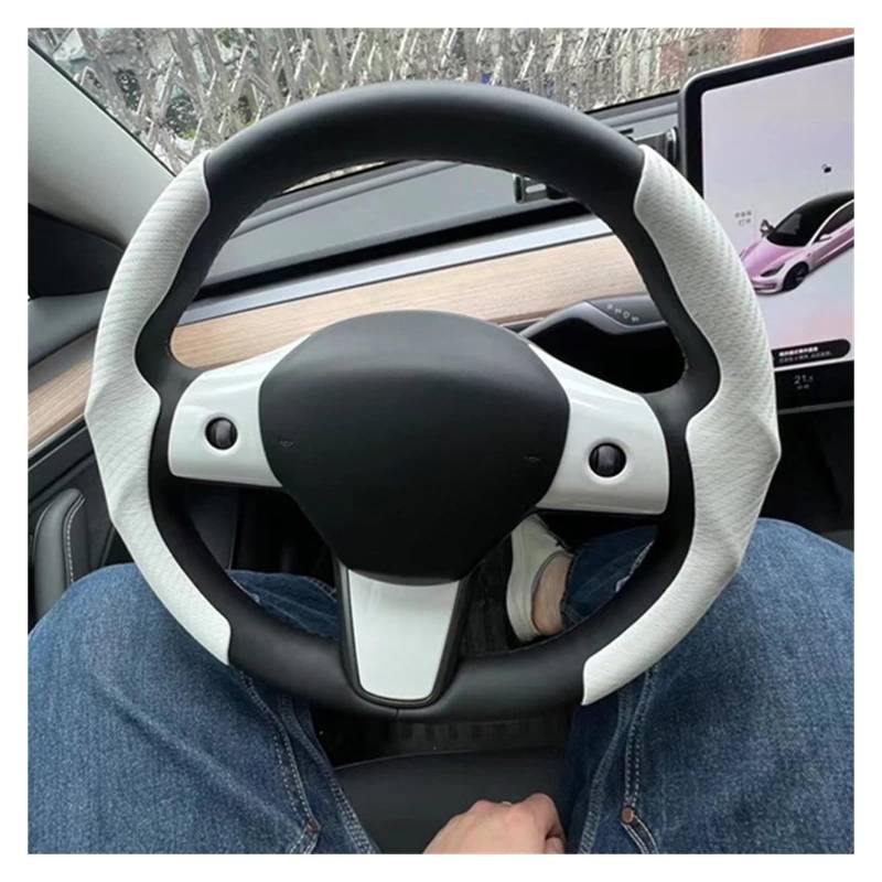 Auto Lenkradbezug Für Tesla Für Modell 3 Y Lenkrad Abdeckung Carbon Faser Wildleder 38 cm Lenkrad Abdeckung Nette Innen Zubehör Auto Lenkradschutz(Carbon Fiber-White) von Dnhqknog