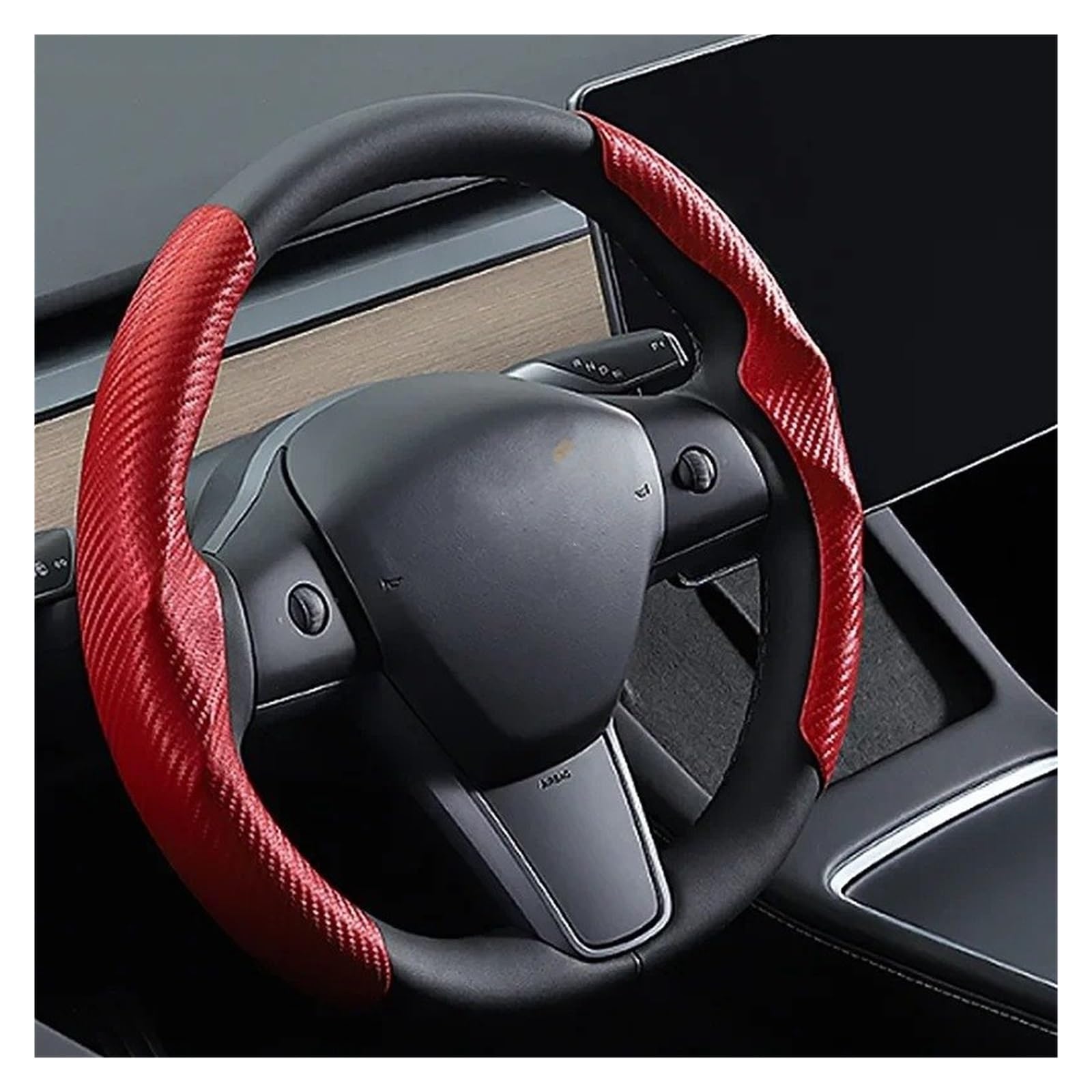Auto Lenkradbezug Für Tesla Für Modell 3 Y Lenkrad Abdeckung Carbon Faser Wildleder 38 cm Lenkrad Abdeckung Nette Innen Zubehör Auto Lenkradschutz(Carbon Fiber-red) von Dnhqknog
