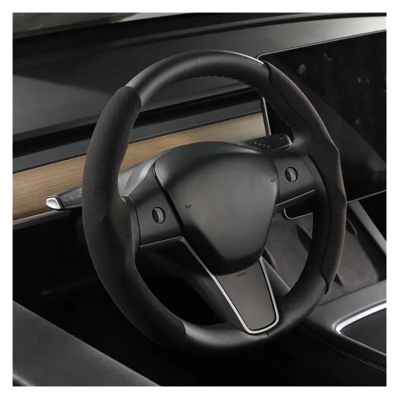 Auto Lenkradbezug Für Tesla Für Modell 3 Y Lenkrad Abdeckung Wildleder Carbon Faser Ultra-dünne Schweiß Absorbieren Spezielle Lenkrad Auto Lenkradschutz(Black) von Dnhqknog