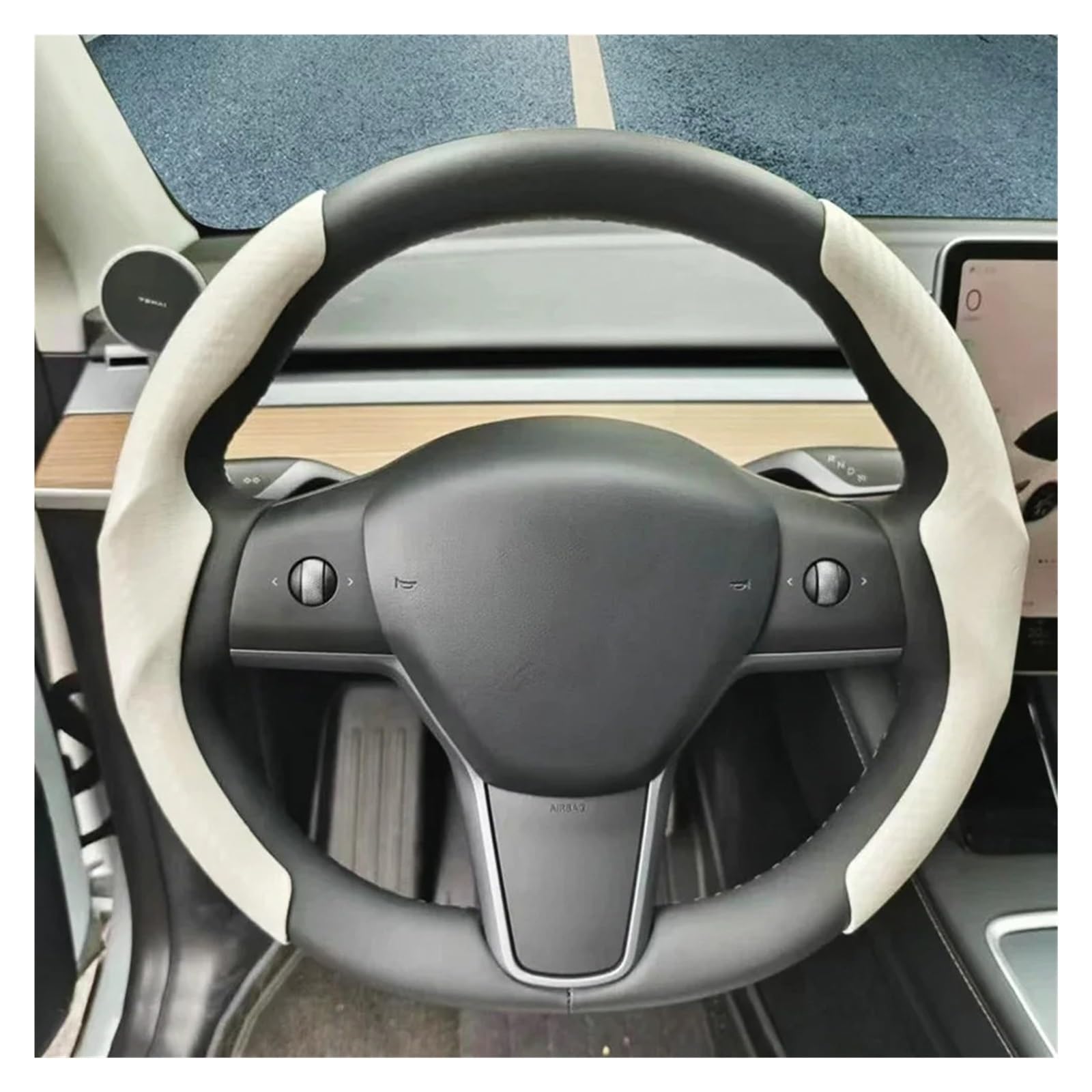 Auto Lenkradbezug Für Tesla Für Modell 3 Y Lenkrad Abdeckung Wildleder Carbon Faser Ultra-dünne Schweiß Absorbieren Spezielle Lenkrad Auto Lenkradschutz(Carbon Fiber White) von Dnhqknog