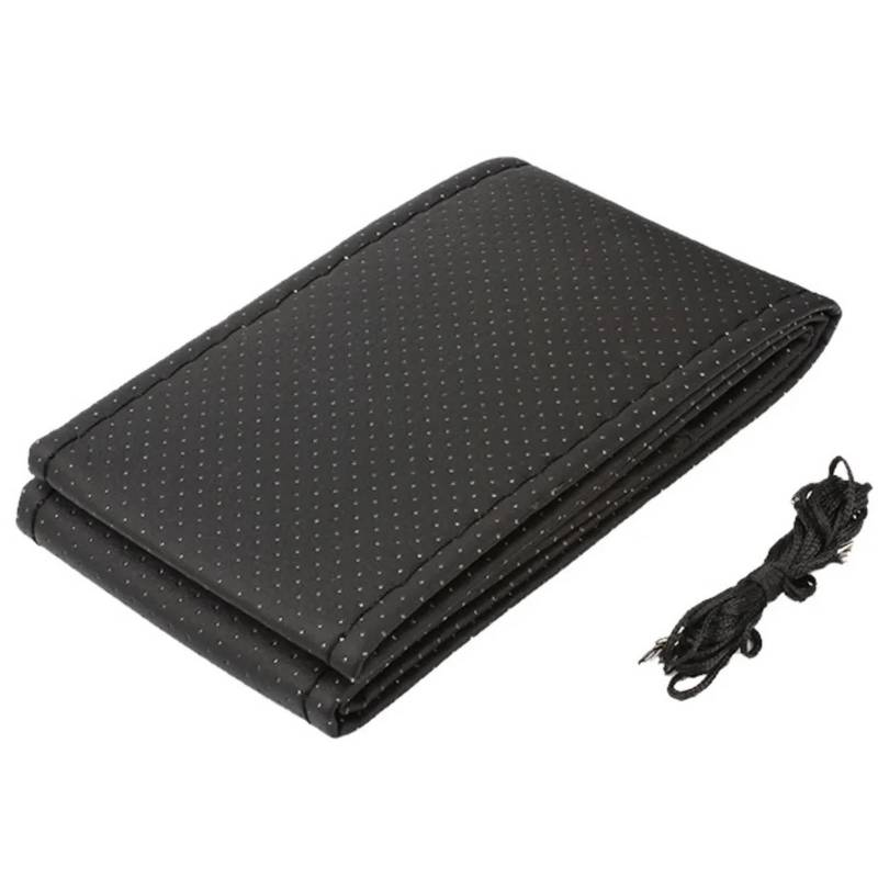 Auto Lenkradbezug Mit Nadeln Faden Auto Lenkrad Abdeckung DIY Leder Dekoration Innen Caravan Anhänger LKW Off Road 4x4 Zubehör Auto Lenkradschutz(Black) von Dnhqknog