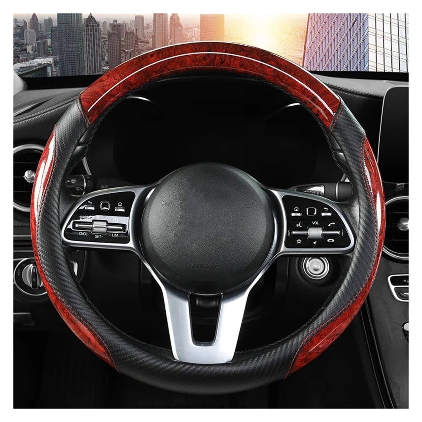 Auto Lenkradbezug Schlichte Auto-Lenkradabdeckung Mit Pfirsichfarbener Holzmaserung rutschfeste Four Seasons General Motors-Griffabdeckung Auto Lenkradschutz(Red) von Dnhqknog