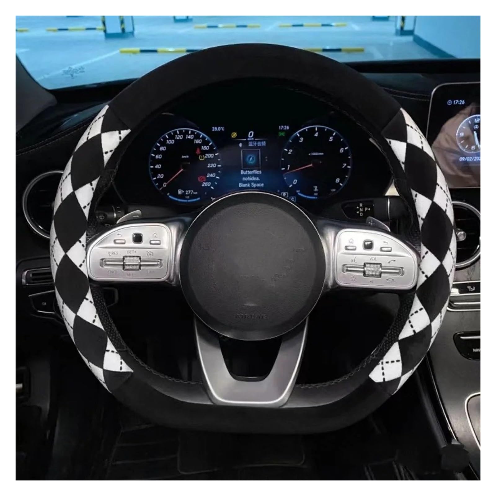 Auto Lenkradbezug Winter Kurze Plüsch Auto Lenkrad Abdeckung Geeignet Frauen Warm Non-Slip Gitter Linien Runde Lenkrad Abdeckung Auto Teile Auto Lenkradschutz(LUFX9281-4-D) von Dnhqknog