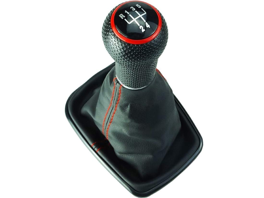 DoLED Schaltsack Schaltknauf schwarzer Rahmen rote Naht rote Kappe 5 Gang für 12mm Schaltgestänge kompatibel/Ersatzteil für VW Golf 4 Bora von Do!LED