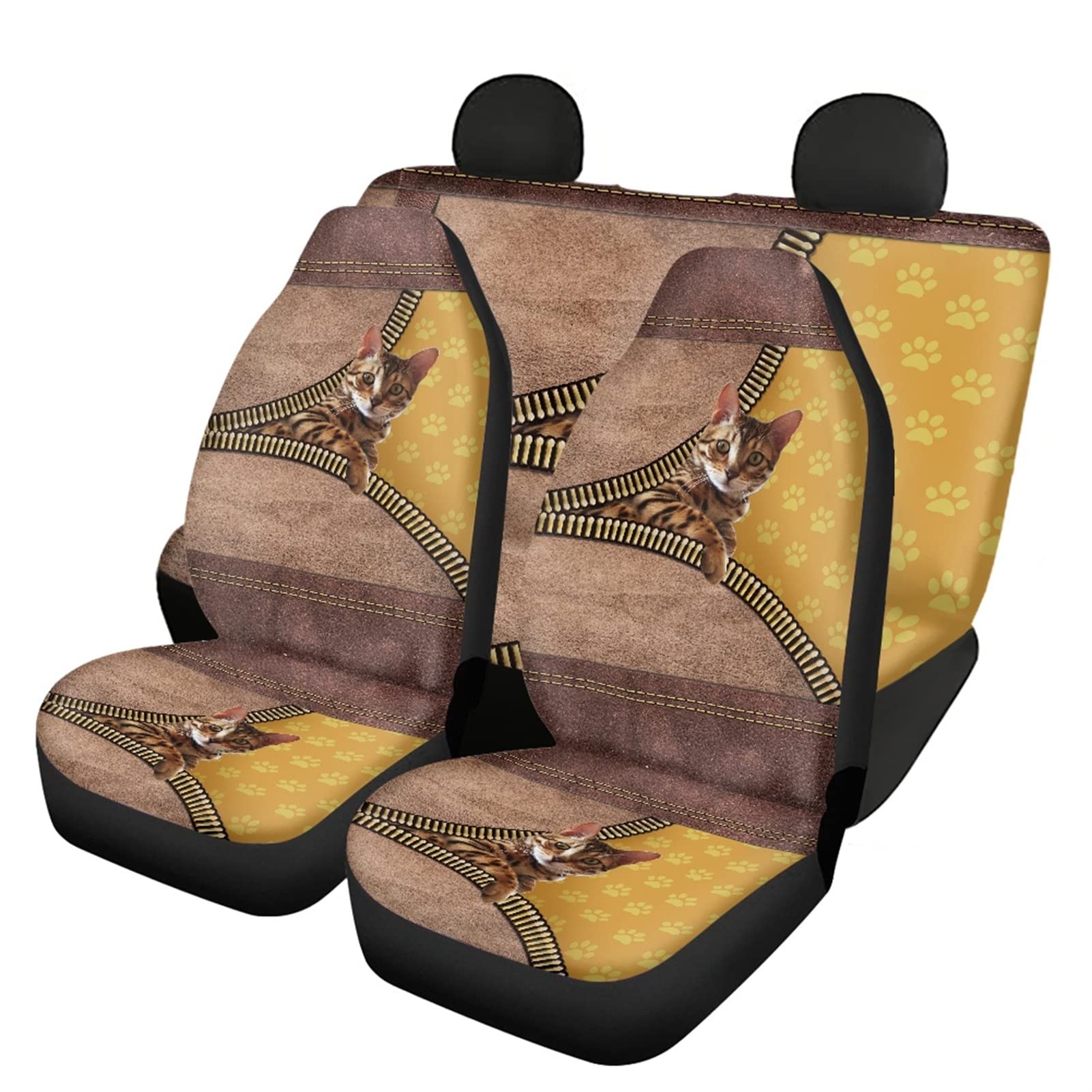 Dolyues Autositzbezüge, 3D-Tier-Katze, bedruckt, 4 Stück, Innenzubehör schützt den Autositz, Vorder- und Rückenschutz (gelb) von Dolyues