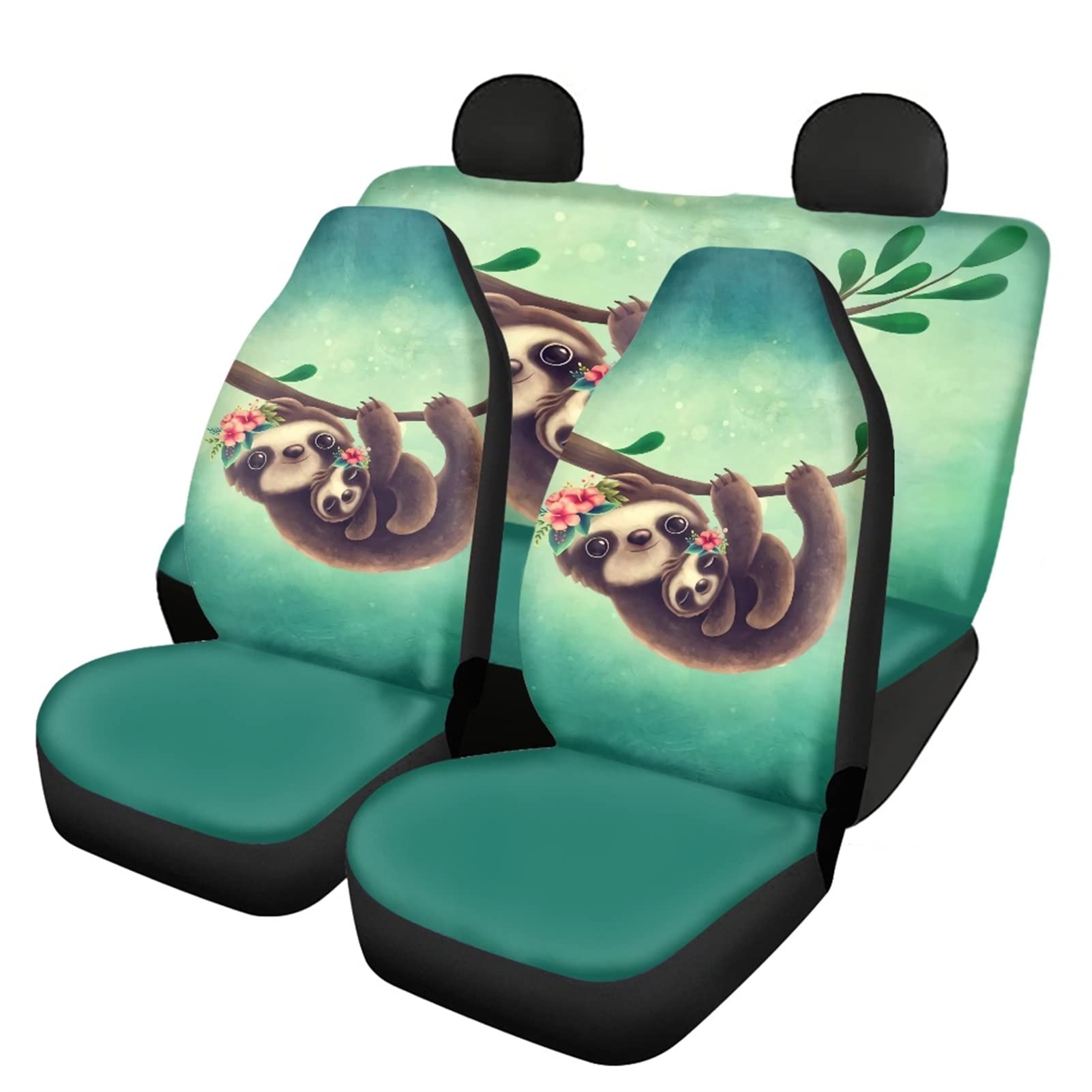 Dolyues 3D-Autositzbezüge, mit Faultier-Motiv, Mutter und Baby, komplettes Set mit 4 Stück, geteilte Rückenlehne und Bankschutz, universelle Passform von Dolyues