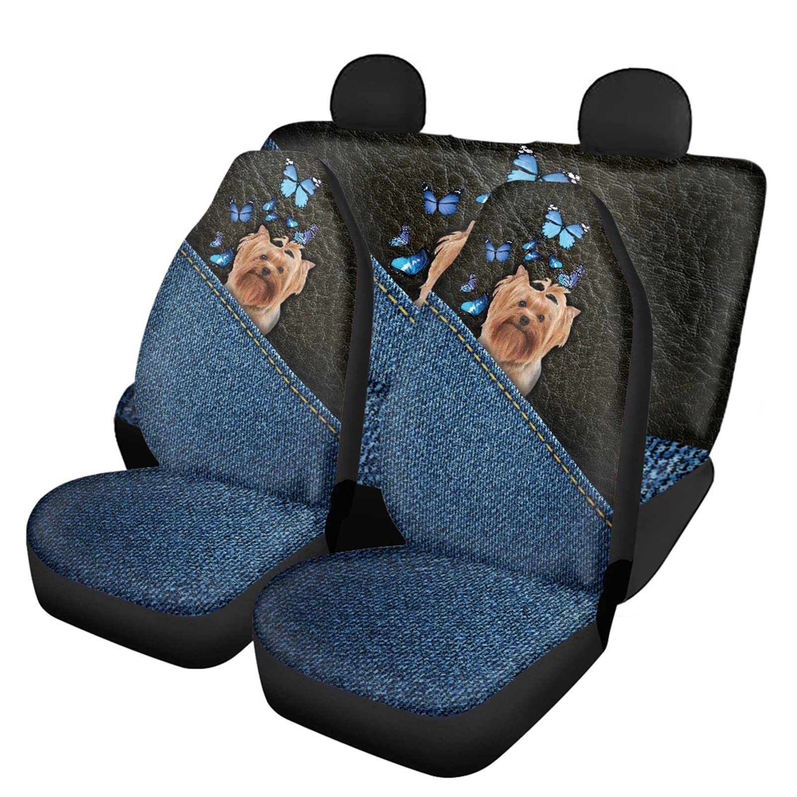 Dolyues Autositzbezüge mit niedlichem 3D-Motiv Yorkshire Terrier, vollständiges Set, mit Vorder- und Rückenschutz, universelle Passform für SUV/LKW/Van/Auto von Dolyues