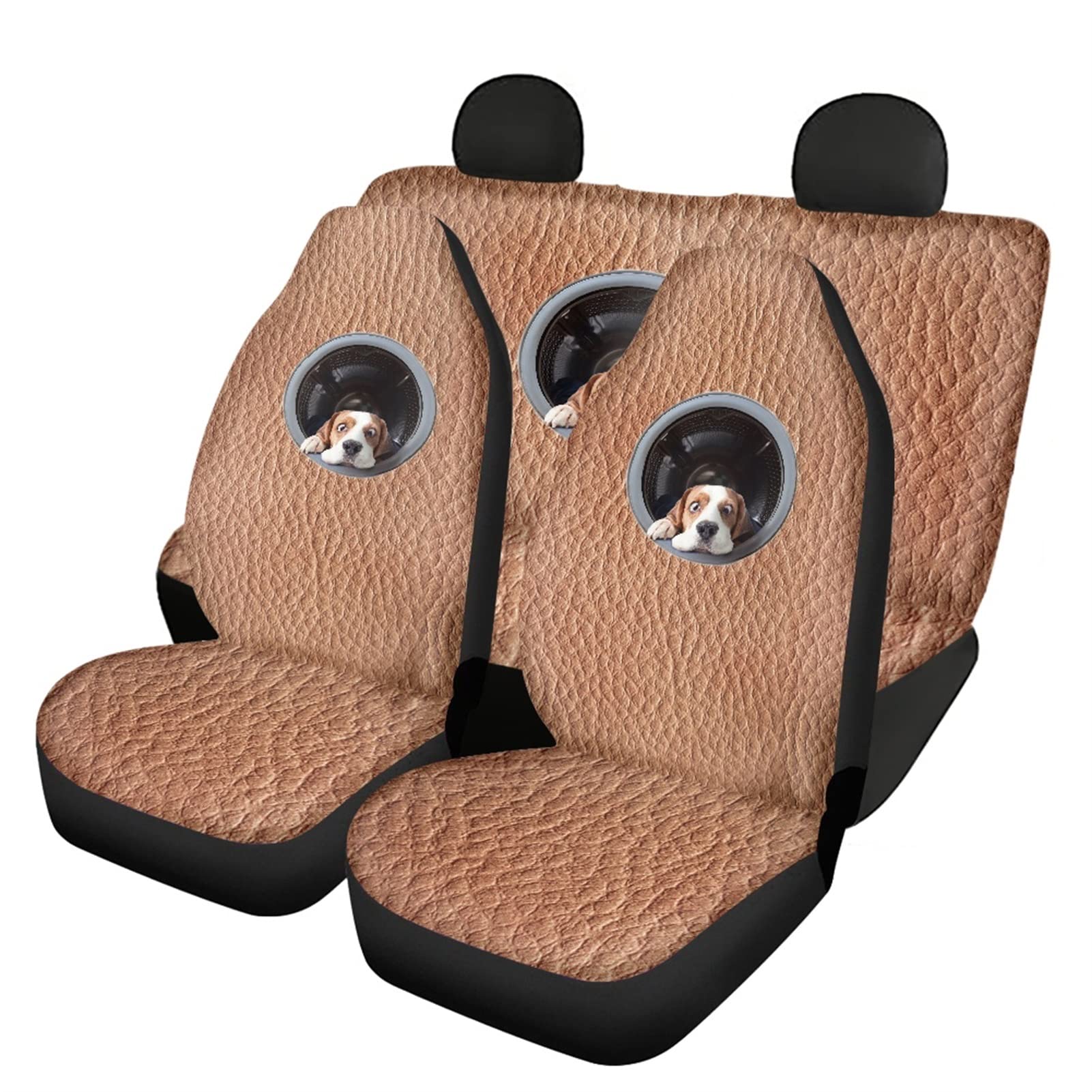 Dolyues Autositzbezüge, Motiv: niedliche 3D-Beagles mit Hunde-/Welpenmotiv, komplettes Set mit Vorder- und Rückenschutz, atmungsaktiv, langlebig, Innenzubehör von Dolyues