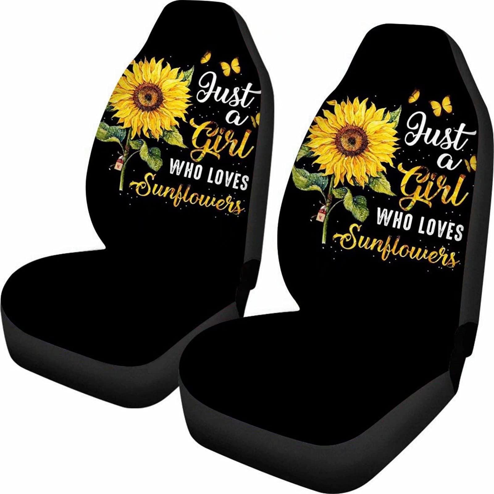 Dolyues Autositzbezüge, Vordersitze, nur für Damen, Erwachsene, Mädchen, liebt Schmetterling, Sonnenblumen-Druck, komplettes Set/2 Stück, schwarzer Schalensitzbezug von Dolyues