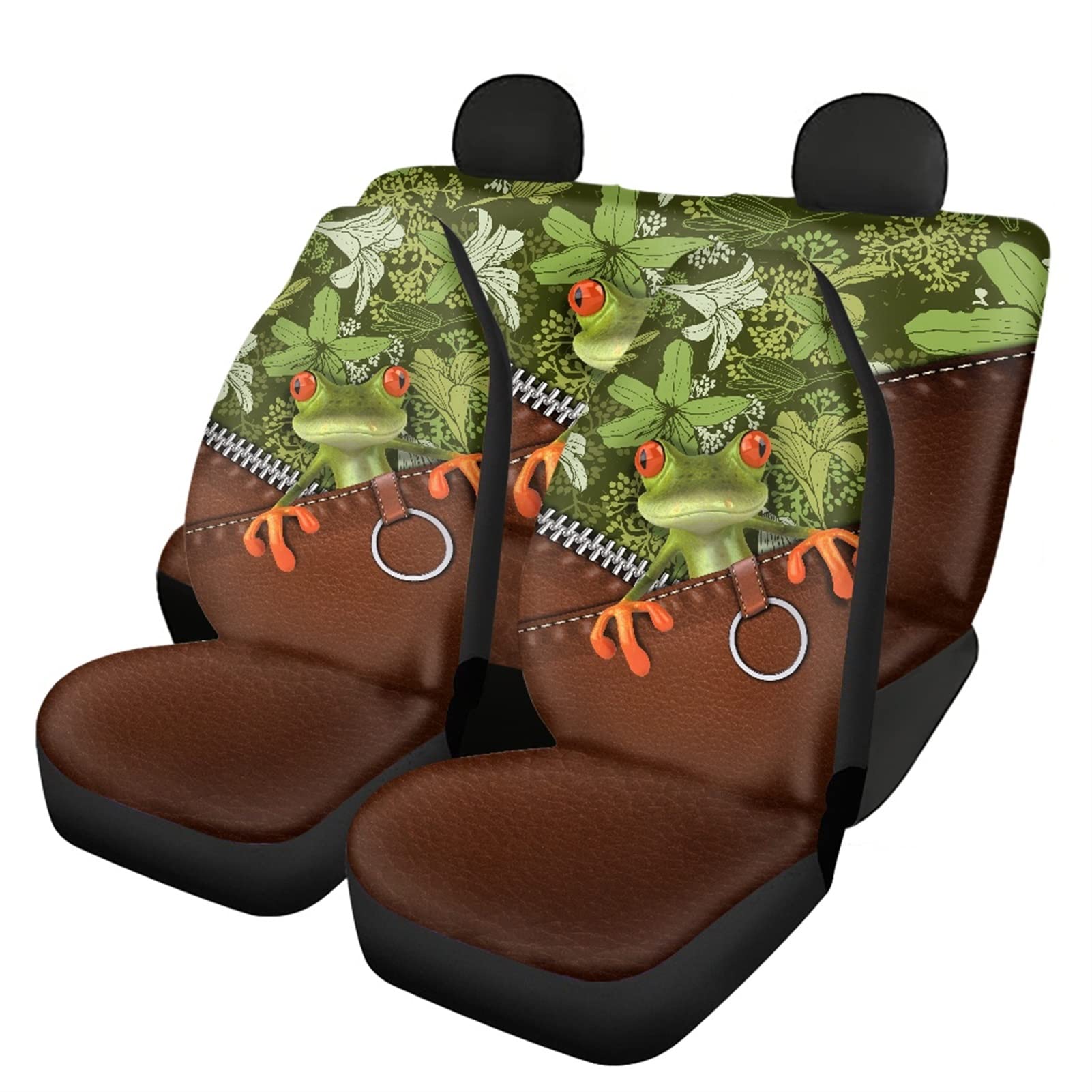 Dolyues 4-teiliges Autositzbezüge, komplettes Set, mit Vordersitzbezügen, 1 x Rücksitz, 1 x Rückenbankschutz, universell passend für die meisten Autos, 3D-Tier-Frosch von Dolyues