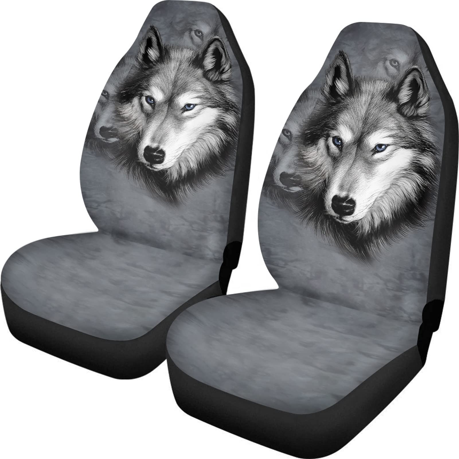 Dolyues Autositzbezüge für Vordersitze mit 3D-Tiermotiv, grauer Wolfsdruck, vollständiges Set mit 2 Stück, Innenausstattung von Dolyues