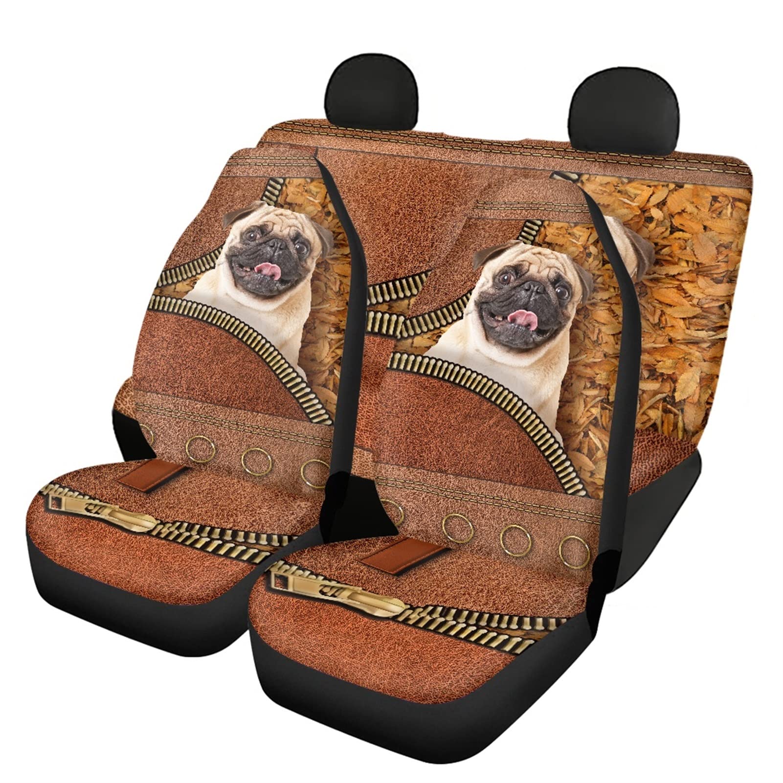 Dolyues Autositzbezüge mit niedlichem 3D-Tiermotiv, Mops-Muster, komplettes Set, 4-teiliger Vorder- und Rücksitzschutz, elastisch, atmungsaktiv von Dolyues