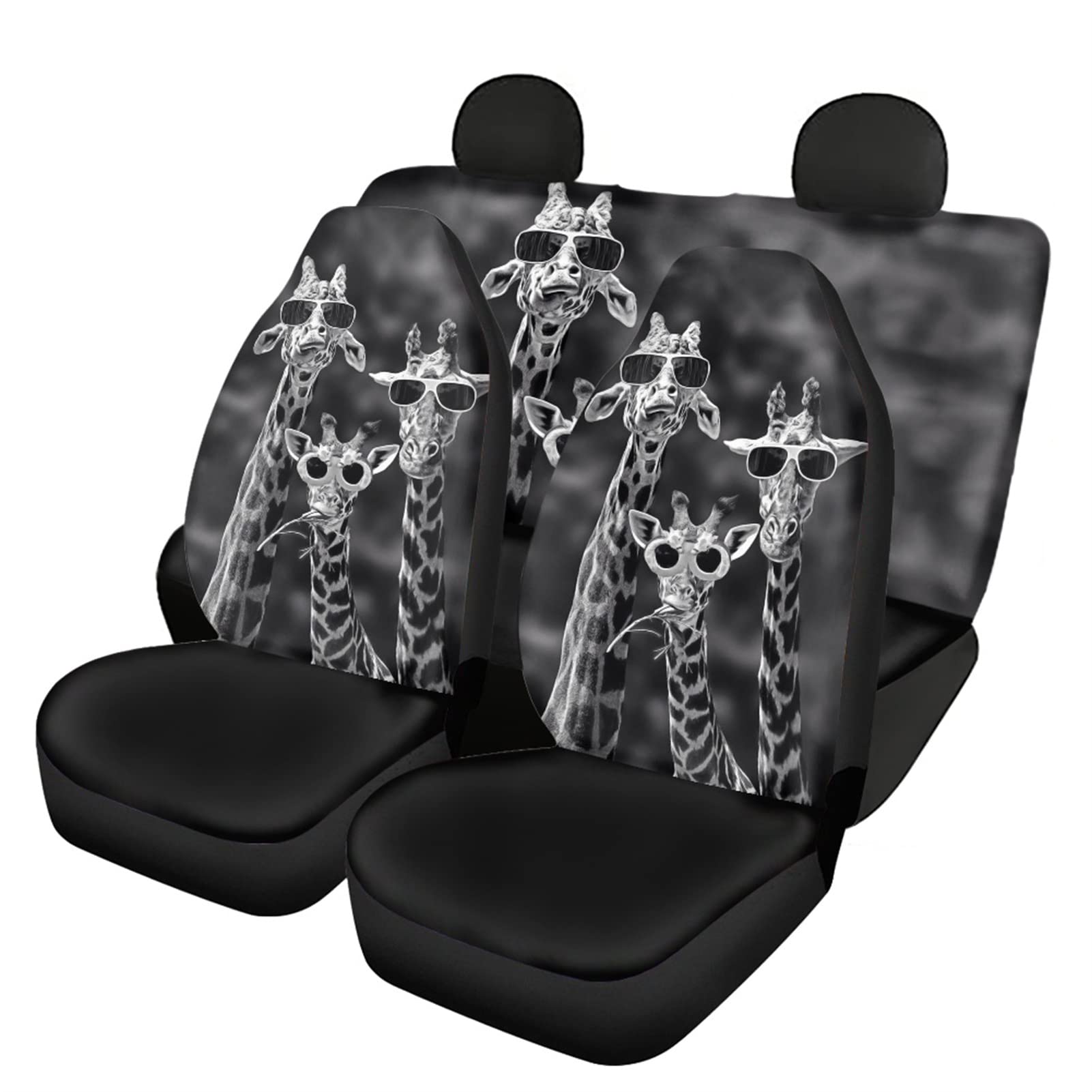 Dolyues Autositzbezüge mit niedlichem Giraffen-Motiv, vorne und hinten, universell passend für die meisten Autos, LKWs, Lieferwagen, SUVs, 4-teiliges Set (schwarz) von Dolyues