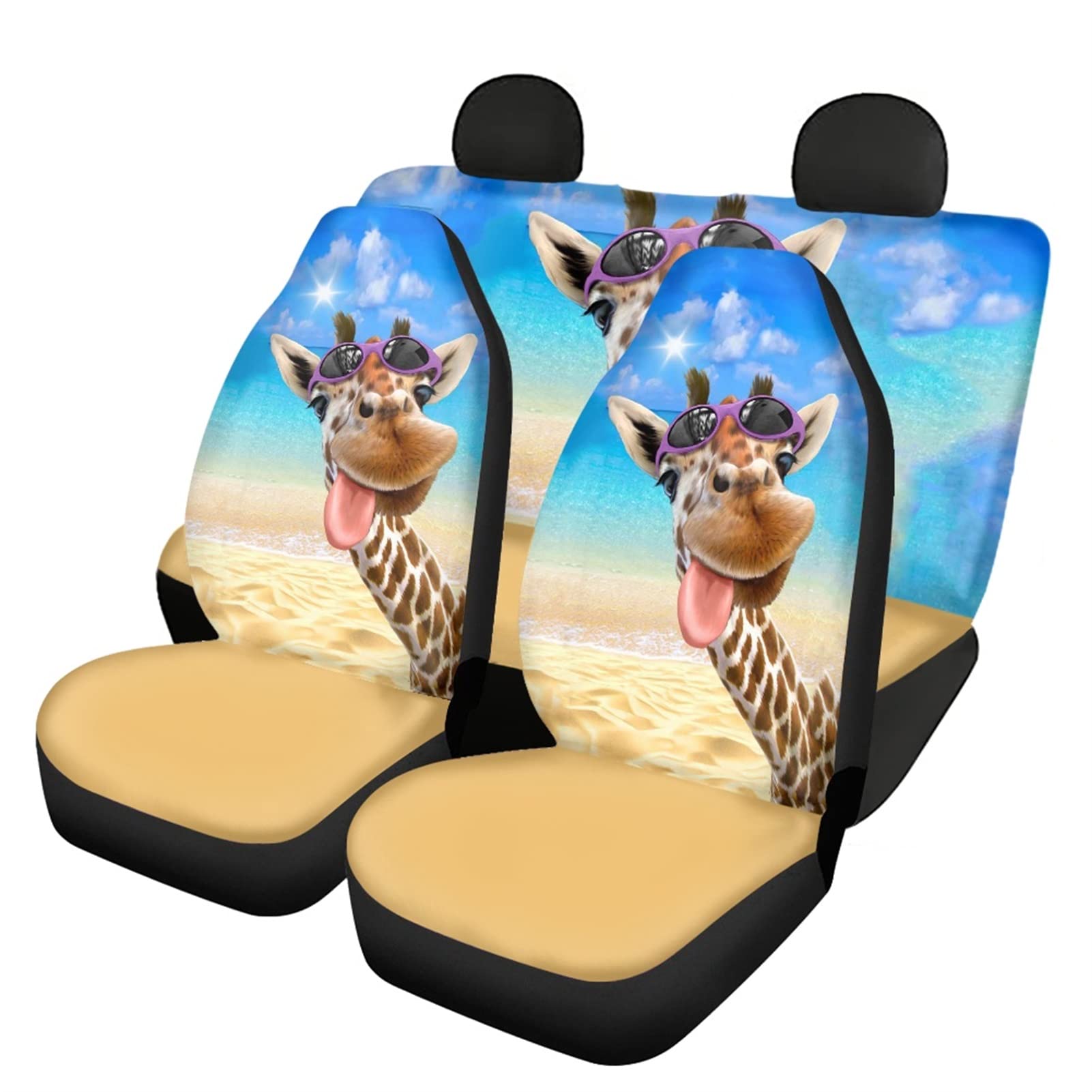 Dolyues Niedliches 3D-Tier-Giraffen-Muster vorne Set von 2 und Rückenlehne, Rücksitzbezüge, 4-teiliges komplettes Set Sitzschoner von Dolyues