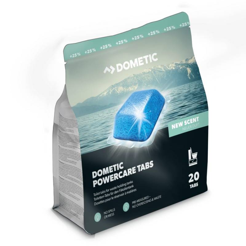 DOMETIC Power-Care für Camping-WCs & Chemietoiletten – Sanitär-Zusatz zersetzt Fäkalien und verhindert unangenehme Gerüche – Alternative zu Sanitärflüssigkeit (20 Tabs für 20 Tankfüllungen), 500 g von DOMETIC