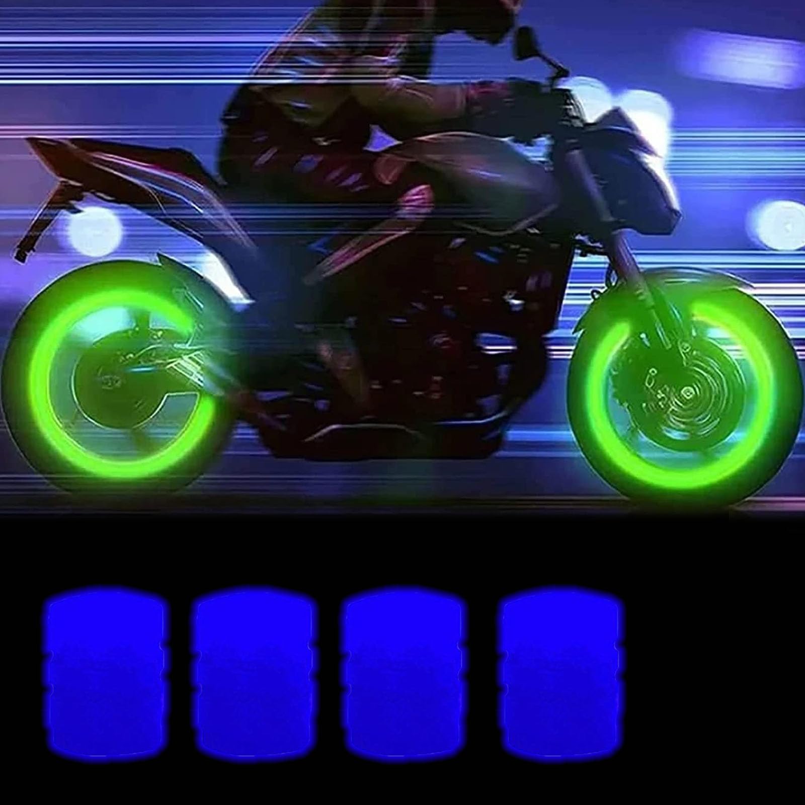 Donubiiu Glow In The Dark Tire Valve Caps, Luminous Car Tire Valve Stem Caps, Light Up Tire Valve Caps, Universal Fluorescent Glowing Valve Caps for Cars, Bicycle, Trucks, SUV, Motorbike (4pcs Blue) von Donubiiu