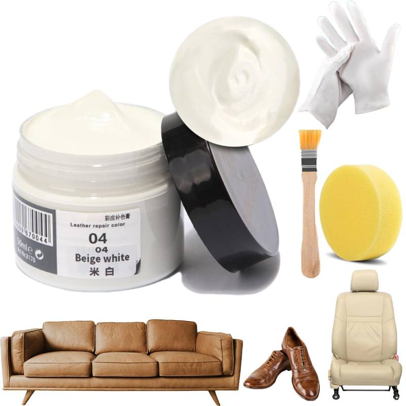 Donubiiu Leather Recoloring Cream,Leather Recoloring Balm,Leather Repair Filler,Leather Color Care Repair Balm Restorer Filler with Gloves Brush Sponge for Leather Scratch Repair (Beige-White) von Donubiiu