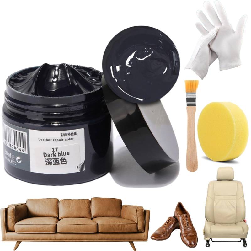 Donubiiu Leather Recoloring Cream,Leather Recoloring Balm,Leather Repair Filler,Leather Color Care Repair Balm Restorer Filler with Gloves Brush Sponge for Leather Scratch Repair (Dark-Blue) von Donubiiu